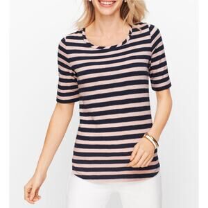 Talbots Women Shirt Striped Glitter Roll Short Sleeve Scoop Neck XS Shimmer